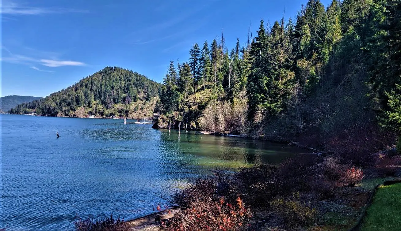 Lake with forested shoreline and distant hill.