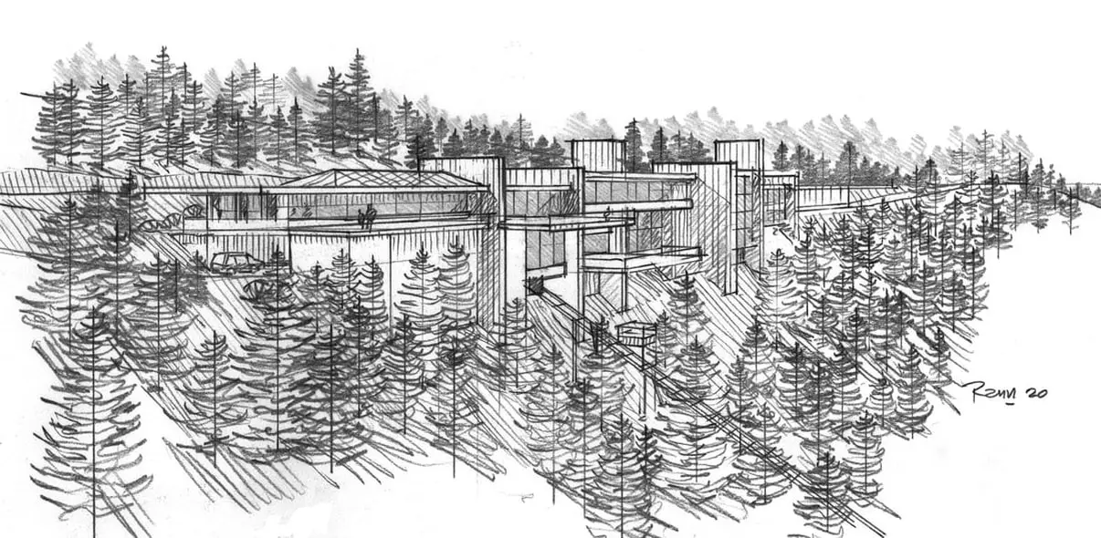 Modern building sketch in a forest setting.