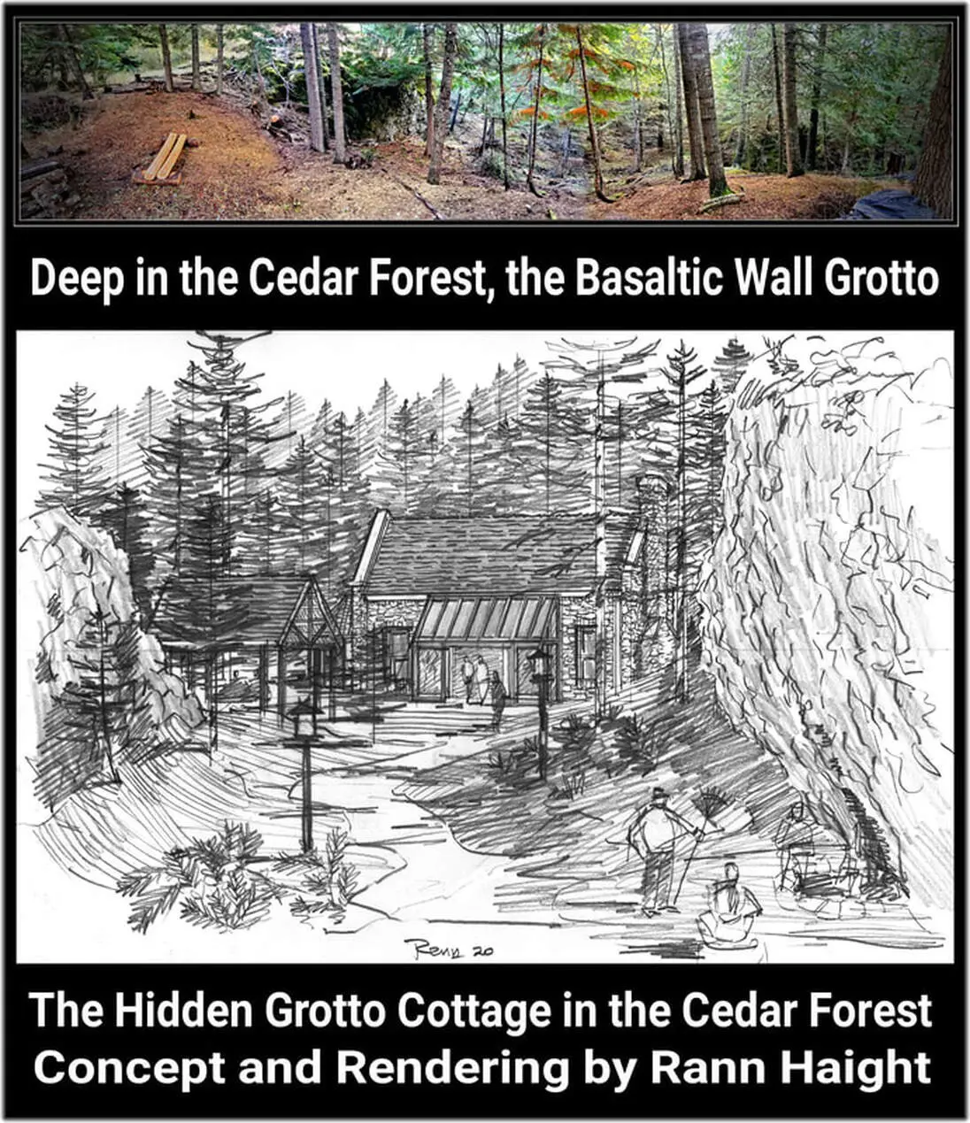 Cedar forest grotto concept with cottage rendering.
