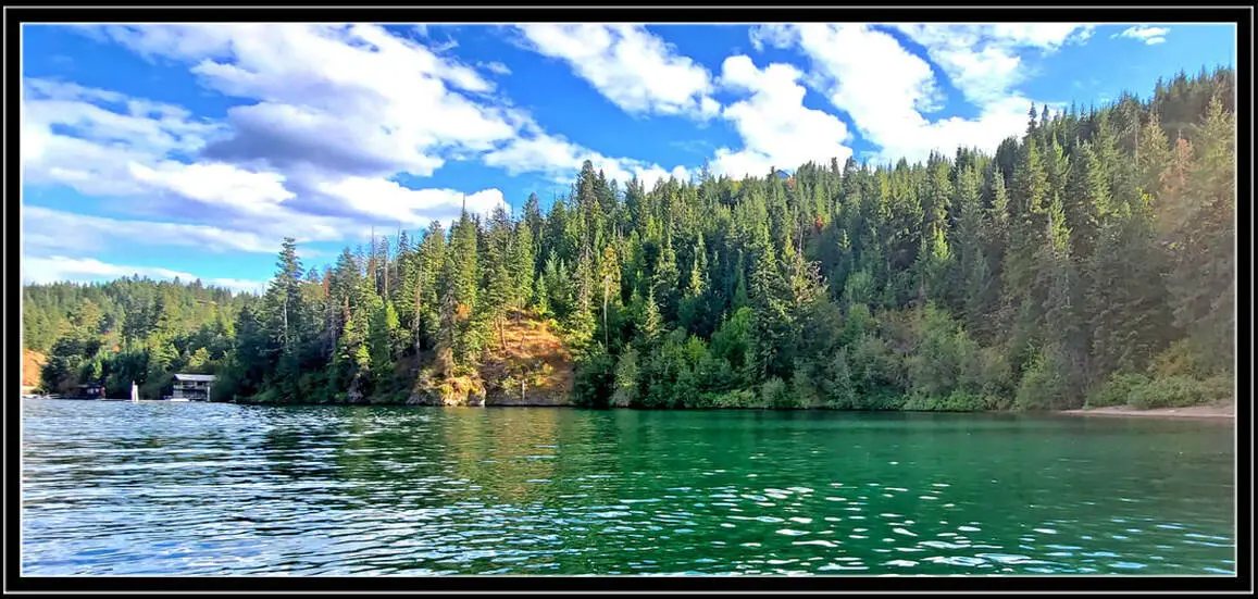 Lake with forested shoreline and blue sky.