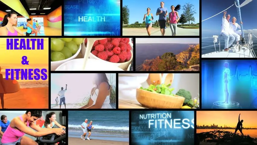 Collage of health and fitness activities.