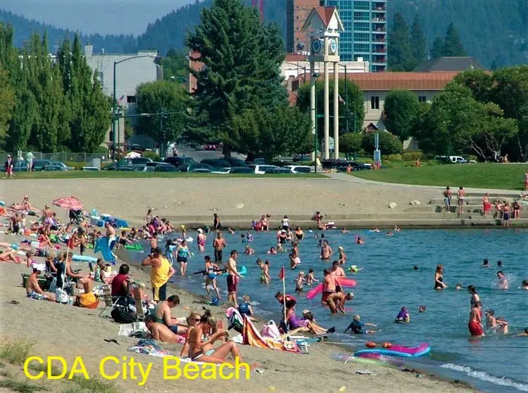 Crowded beach scene with swimmers and sunbathers.