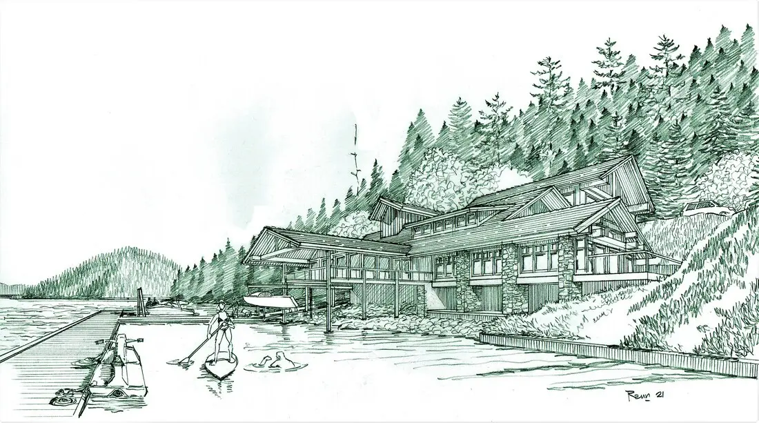 Lakeside cabin with trees and canoes illustration.