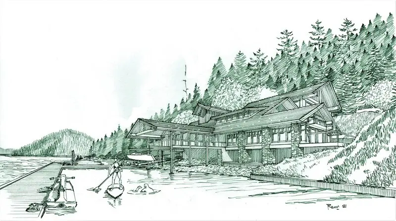 Lakeside house with dock and paddleboarders.