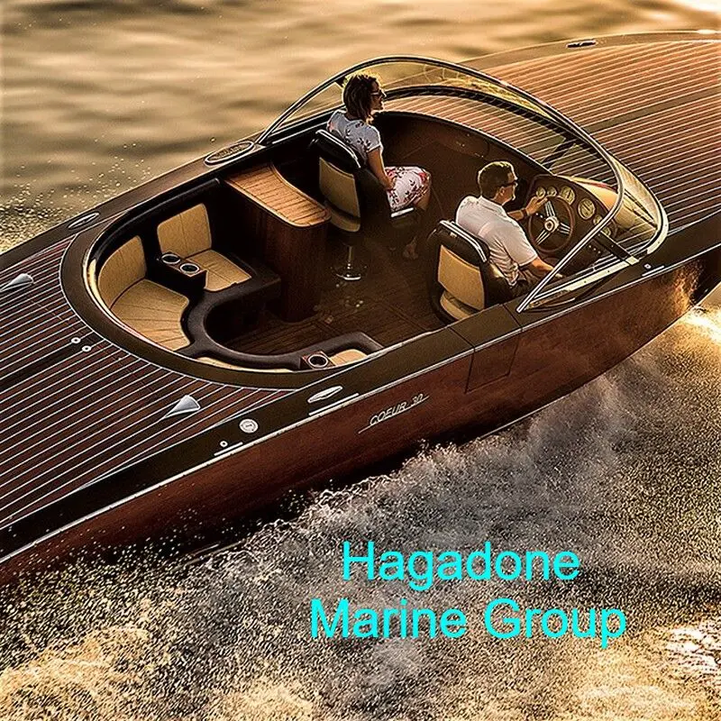 People cruising in a wooden luxury boat.