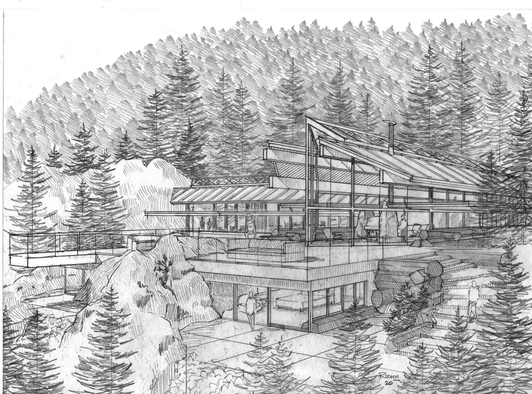 Modern house sketch surrounded by trees.