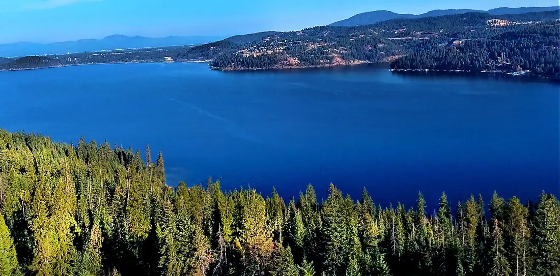 Blue lake with surrounding forested landscape.