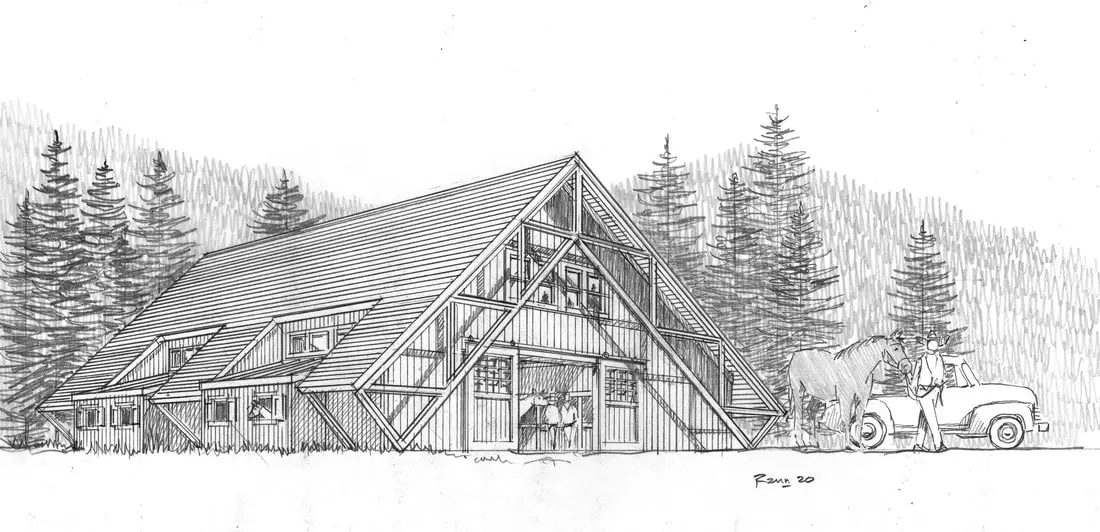 A-frame barn with trees and truck.