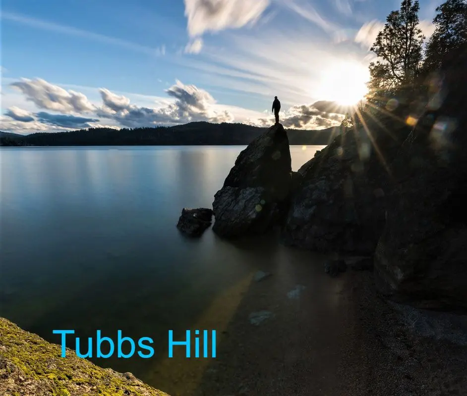 Silhouette on rock by sunset over lake.