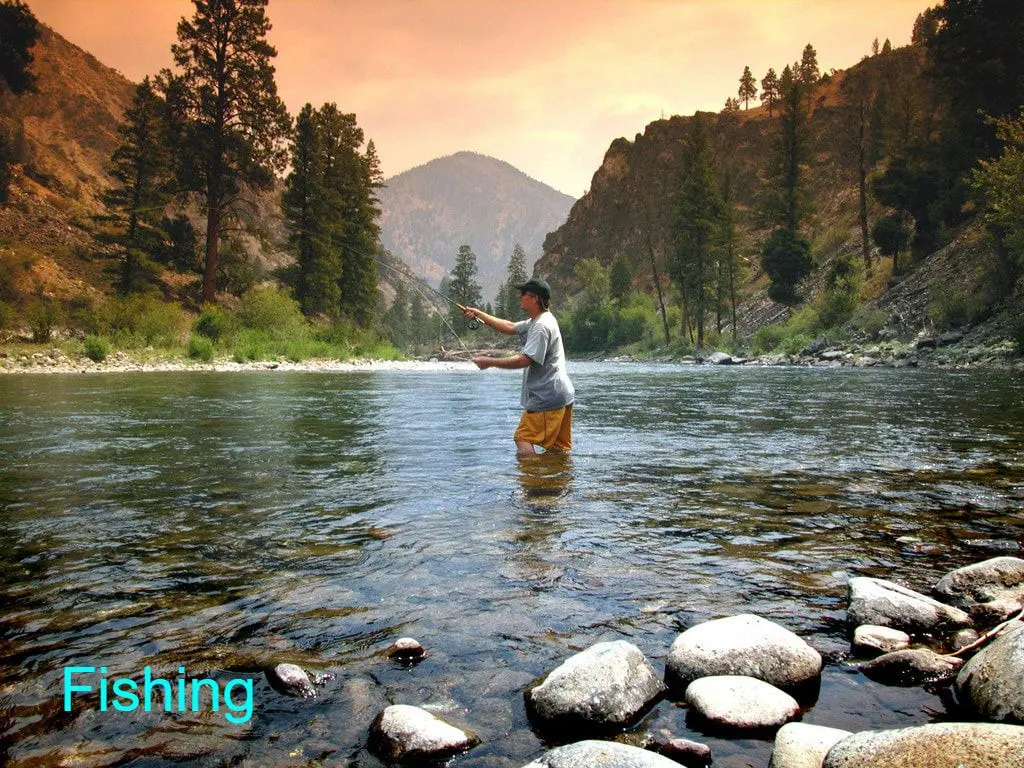 Man fishing in a scenic mountain river.