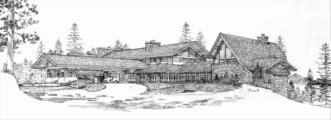 Sketch of a large, rustic-style house.