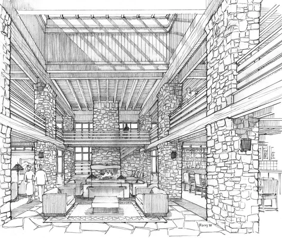 Stone interior with high ceiling and beams.