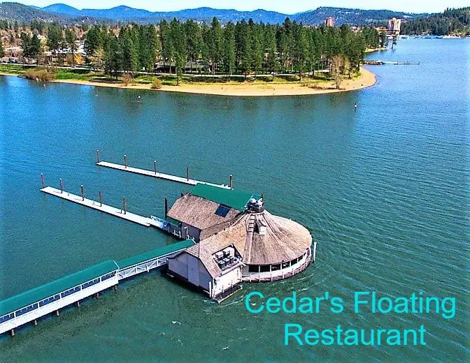 Floating restaurant on a scenic lake.