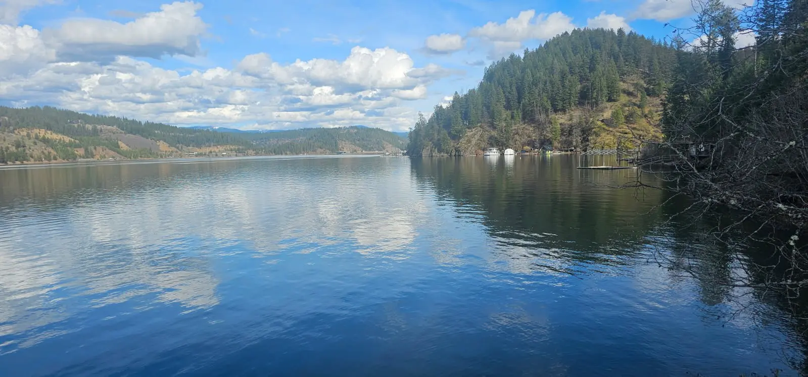 Lake with trees and clouds reflecting.