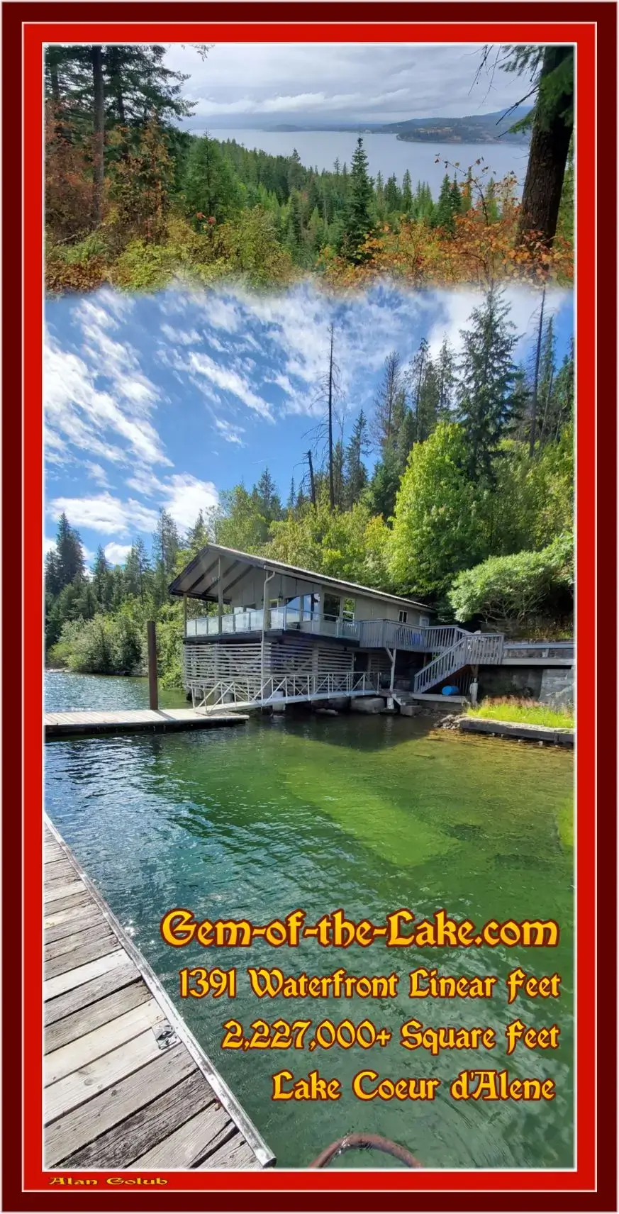 Lakefront boathouse with dock and forest